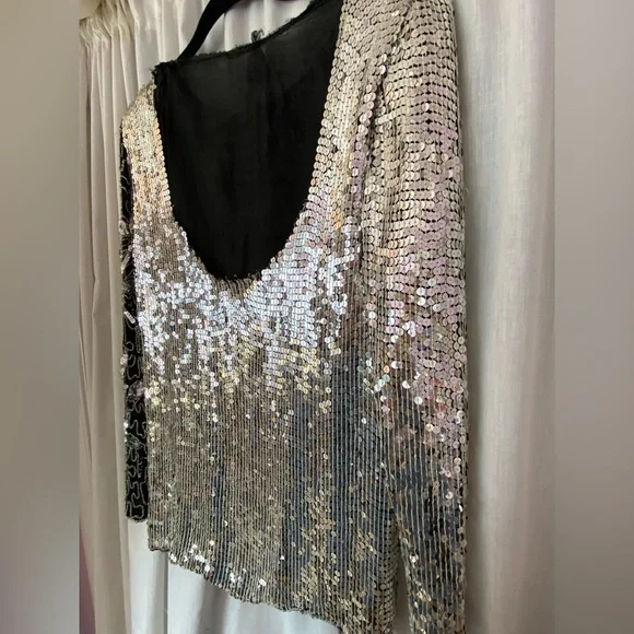 Jean for Joseph Le Bon 100% Silk Sequined Silver & Black Long Sleeve Top Medium - Picture 7 of 9